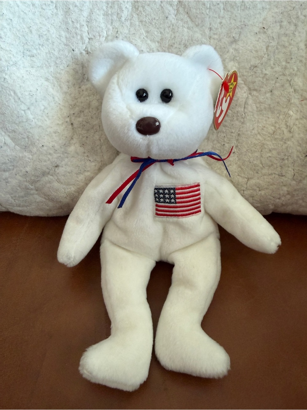 Ty NWT Libearty White Plush Bear with Red & Blue Ribbon and Flag Patch